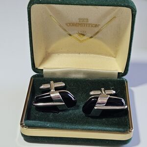 Vintage Anson Silver Tone Black Stone Cufflinks IOB